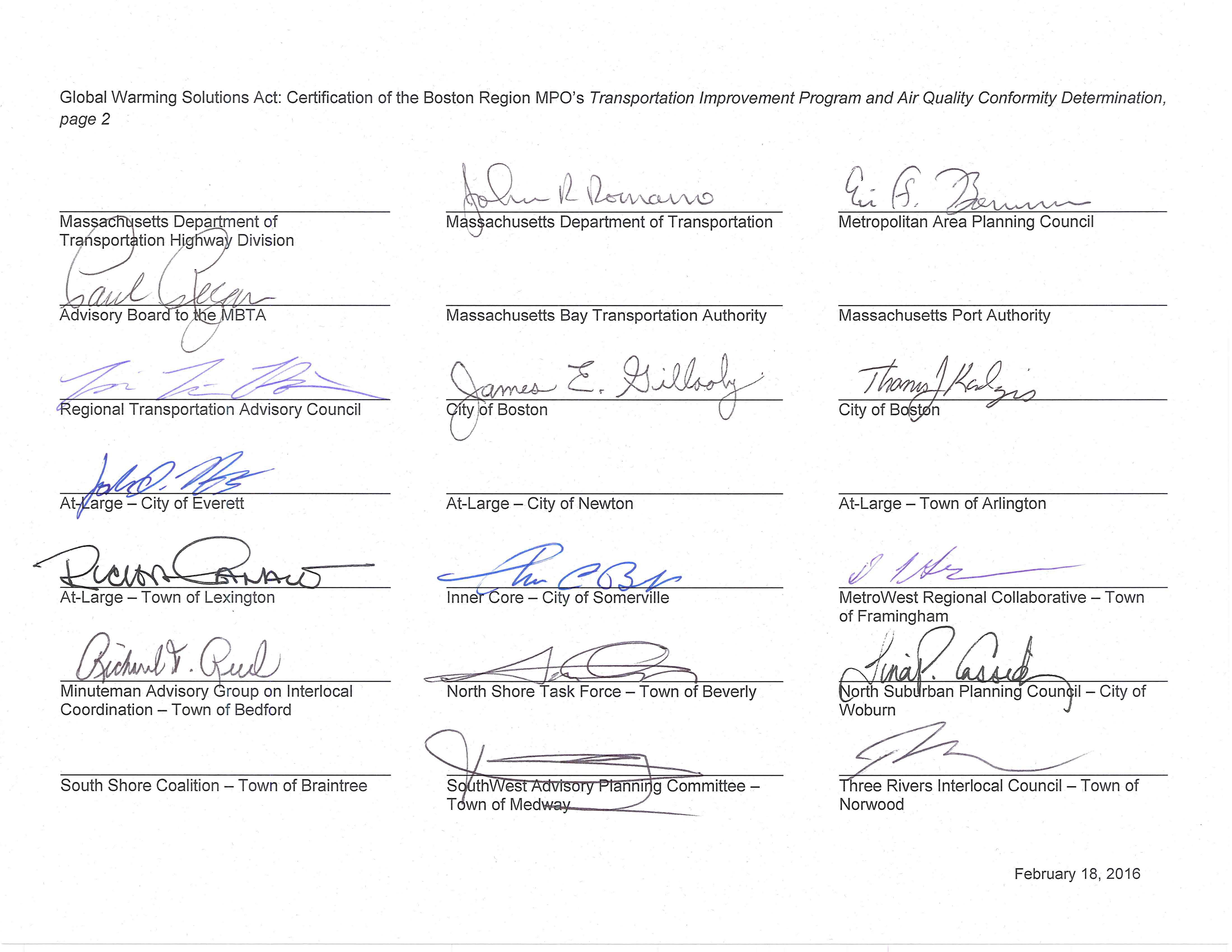 Page 2 of 2. -	These pages list the eleven requirements of State Regulation 310 CMR 60.05: Global Warming Solutions Act to be conducted by Metropolitan Planning Organizations (MPOs), and certifies that the Boston Region MPO complies with these requirements. The certification of State Regulation 310 CMR 60.05: Global Warming Solutions Act is signed by the members of the Boston Region MPO members, with the exception of:
Massachusetts Department of Transportation Highway Division
Massachusetts Bay Transportation Authority
Massachusetts Port Authority
At-Large – City of Newton
At-Large – Town of Arlington
